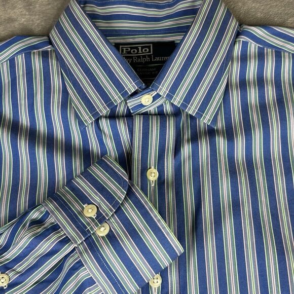 Polo Ralph Lauren Shirt Mens L 16.5 Curham Fit Oxford Button Down Blue Stripe - Picture 1 of 9